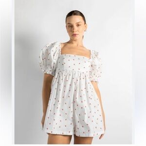 Selkie White Strawberry Lane Romper Fraise Bunny Pockets Puff Sleeve Sz S